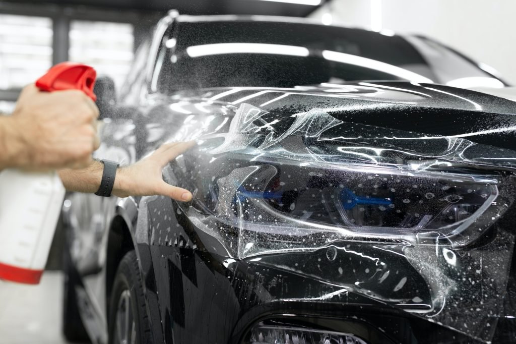 Worker applies a protective film or anti-gravity protective coating to the car headlight.